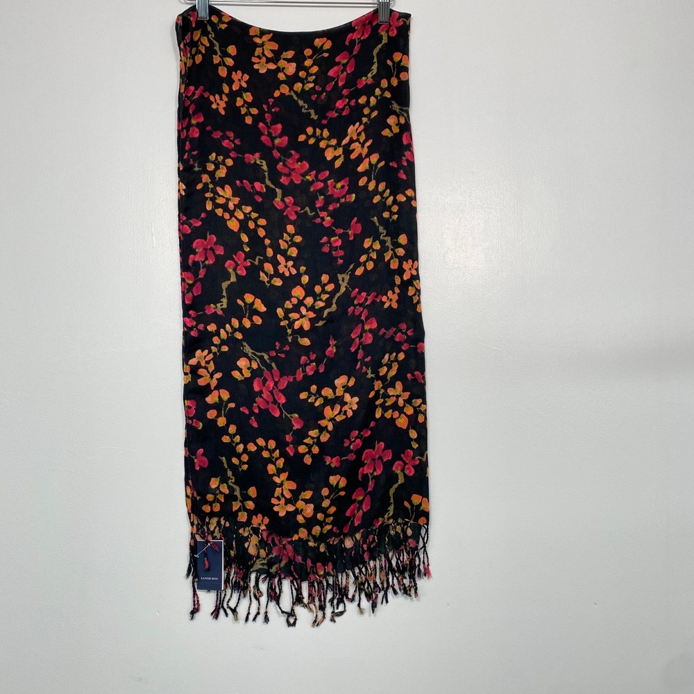 NWT Lands' End Women Scarf OS Black Pink Orange Floral Fringe Lightweight 56x60